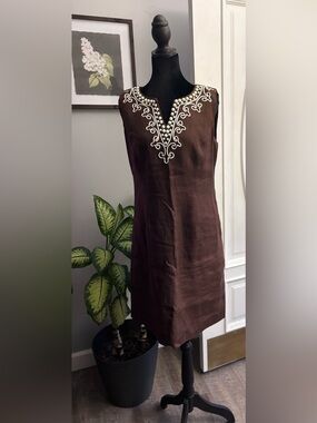 Talbots Brown linen Sleeveless Shift Dress  White Beaded and Embroidered Trim